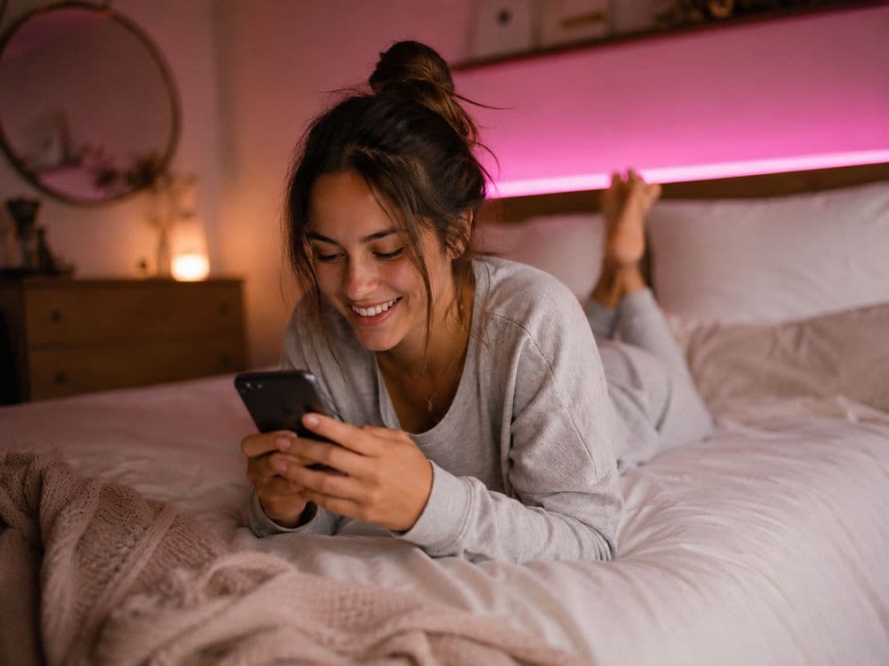 Creatorin schreibt lächelnd Nachrichten auf dem Bett mit pinkem Licht