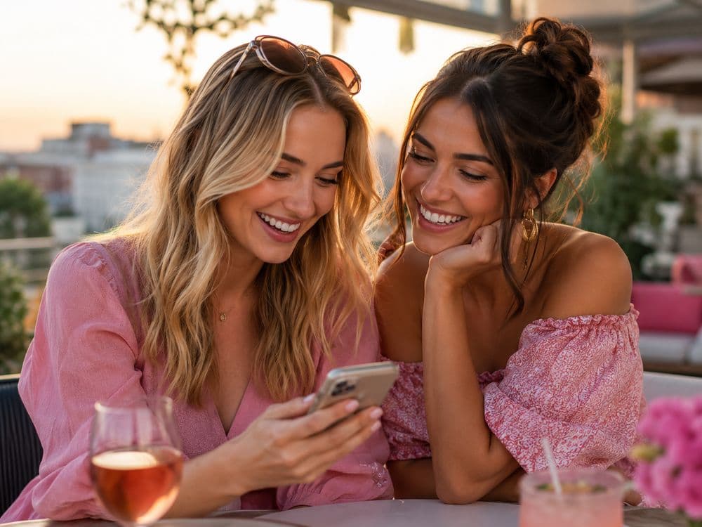 Zwei Creatorinnen lachen gemeinsam beim Blick aufs Smartphone