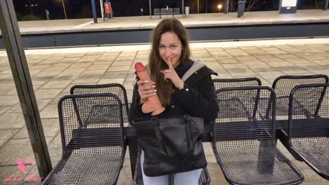 XXL dare! Fucked with a giant dildo at a suburban railway station!