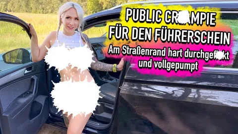 Public c******e for a driving licence – fucked hard by the roadside and filled up