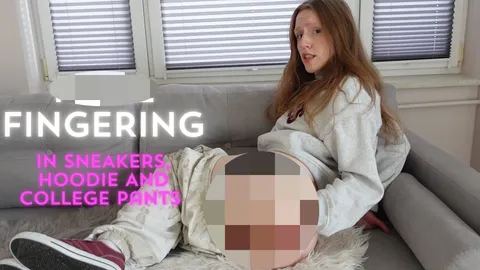 A**l fingering in sneakers, hoodie and college pants