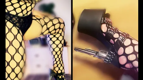 Fishnet suit and revolver heels 😏